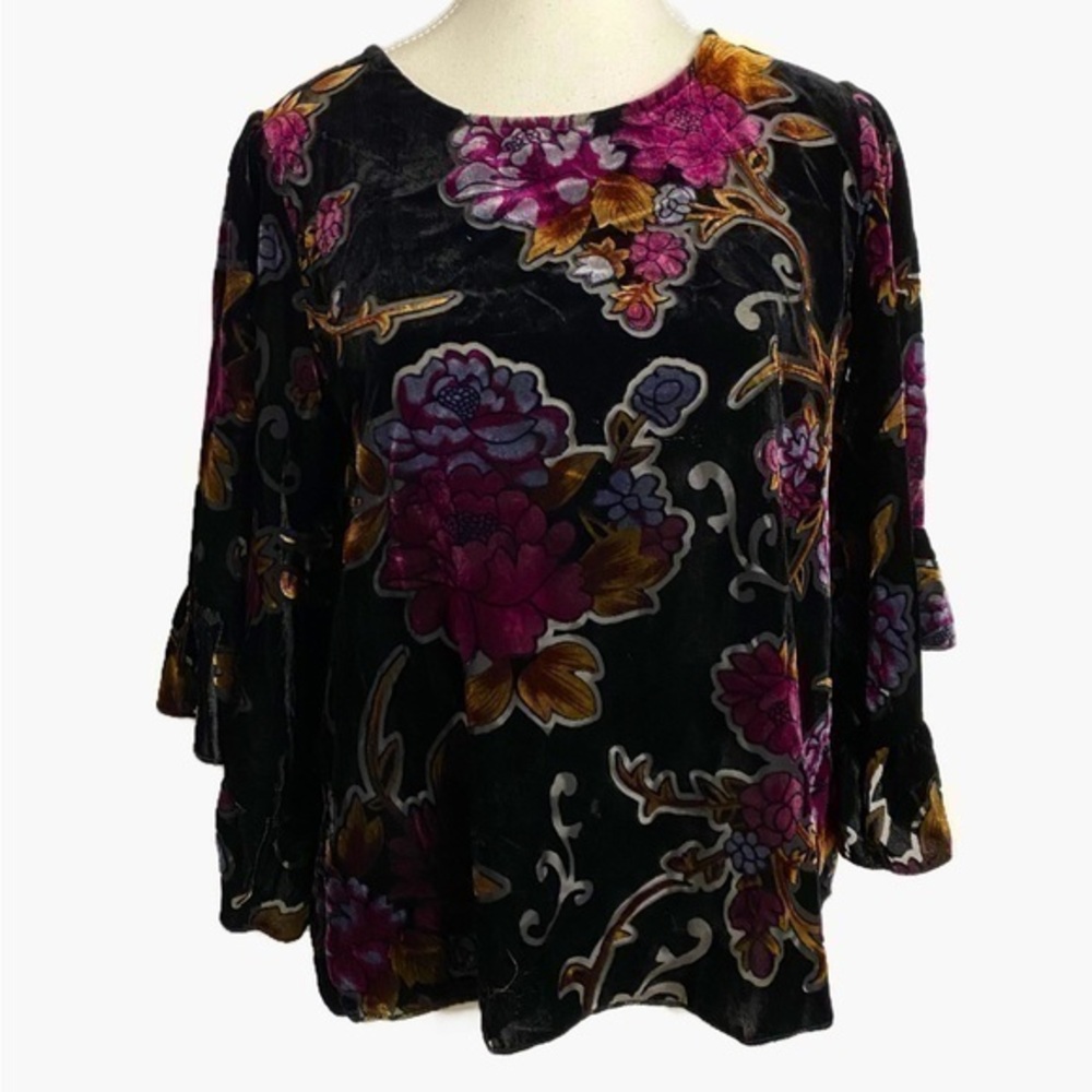 W5 Boho Velvet Floral Top w/ Ruffled Long Sleeves
